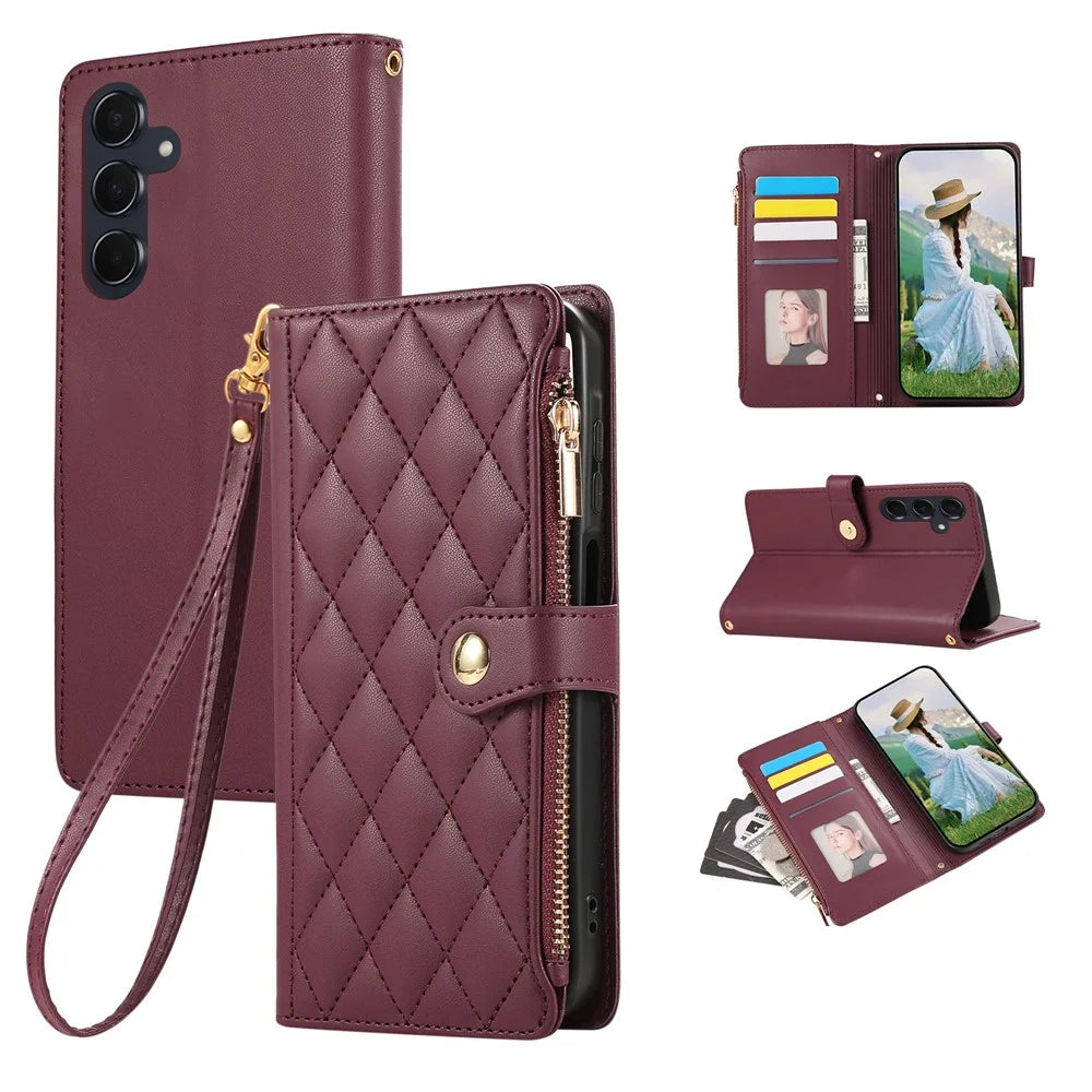 For Samsung Galaxy S26 Case Multi Card Slots Zipper Rhombus Leather Phone Cover with Wrist Strap - Wine Red - 1