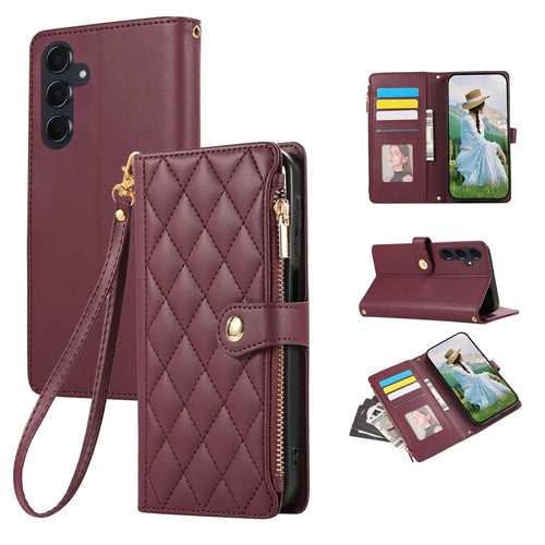 For Samsung Galaxy S26 Case Multi Card Slots Zipper Rhombus Leather Phone Cover with Wrist Strap - Wine Red - 1