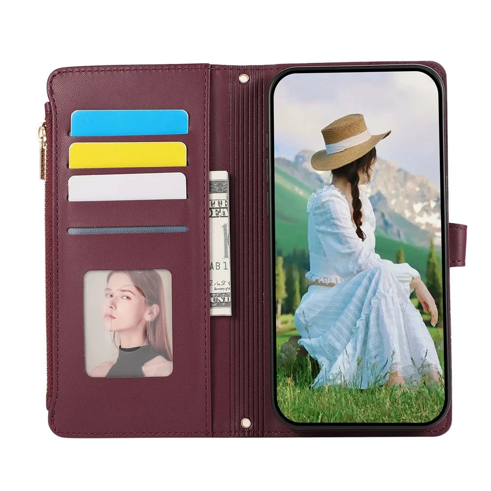For Samsung Galaxy S26 Case Multi Card Slots Zipper Rhombus Leather Phone Cover with Wrist Strap - Wine Red - 4