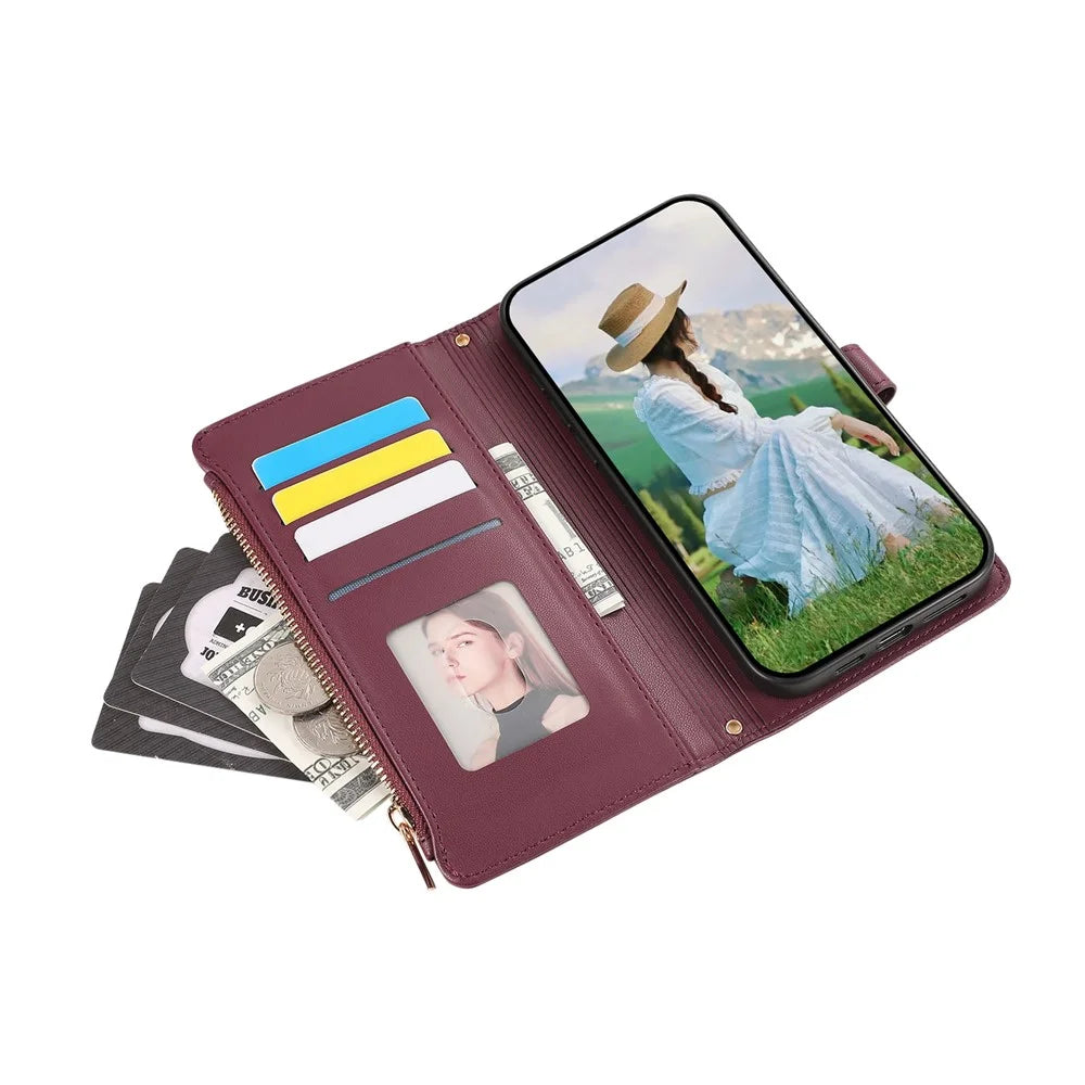 For Samsung Galaxy S26 Case Multi Card Slots Zipper Rhombus Leather Phone Cover with Wrist Strap - Wine Red - 5