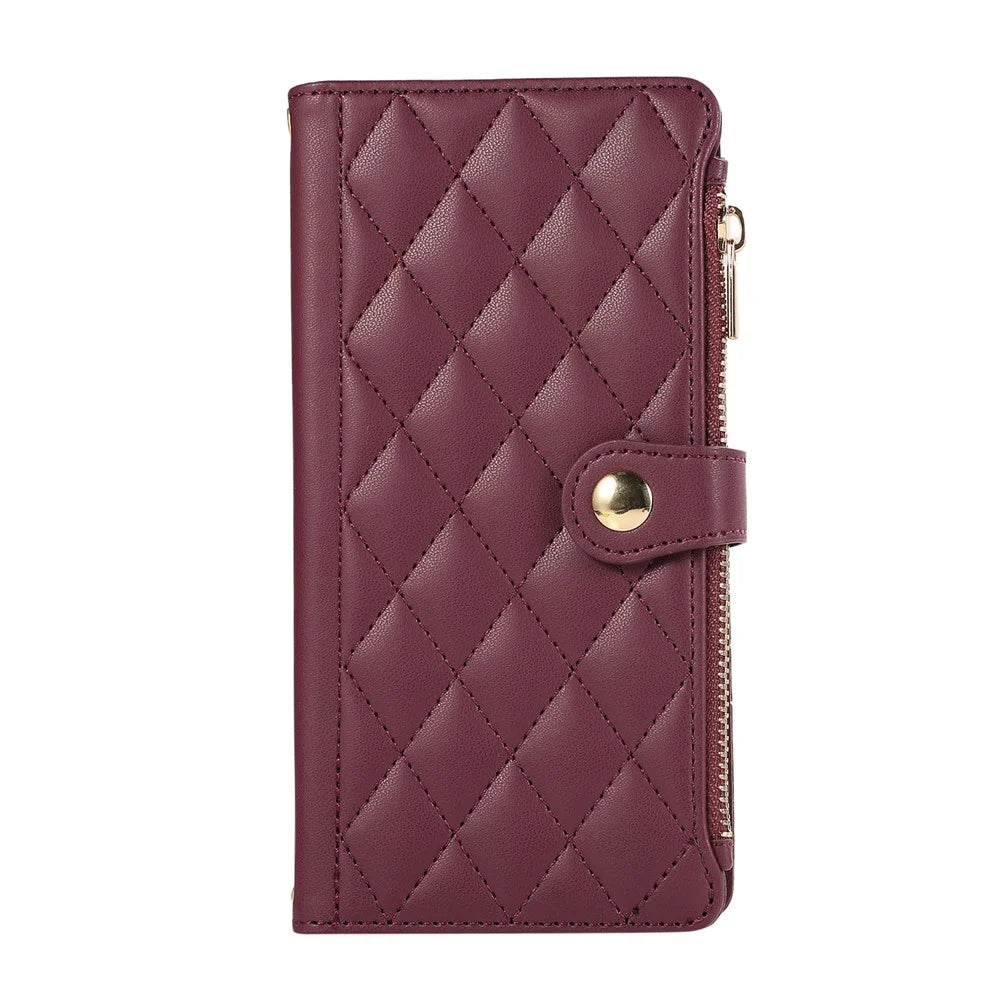 For Samsung Galaxy S26 Case Multi Card Slots Zipper Rhombus Leather Phone Cover with Wrist Strap - Wine Red - 6