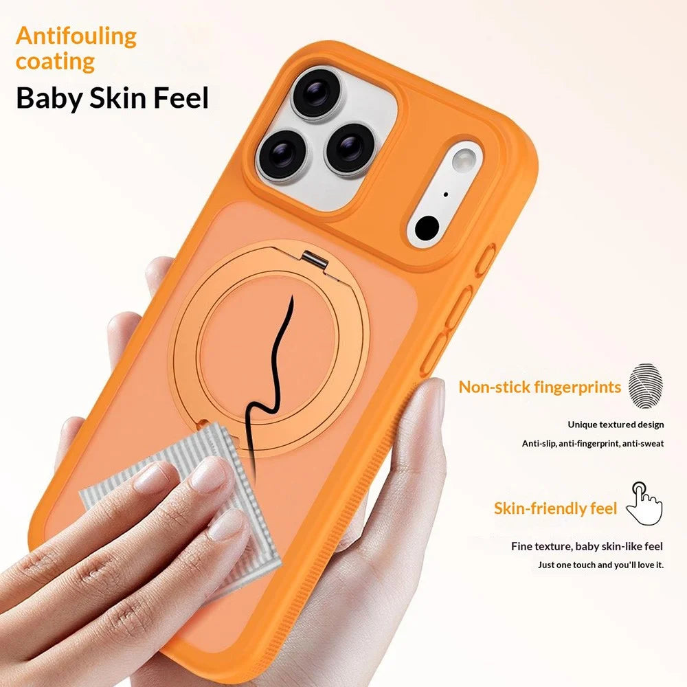 For iPhone 17 Pro Max Case Compatible with MagSafe Rotating Kickstand Skin Touch Anti Stain TPU PC Phone Cover - Orange - 3