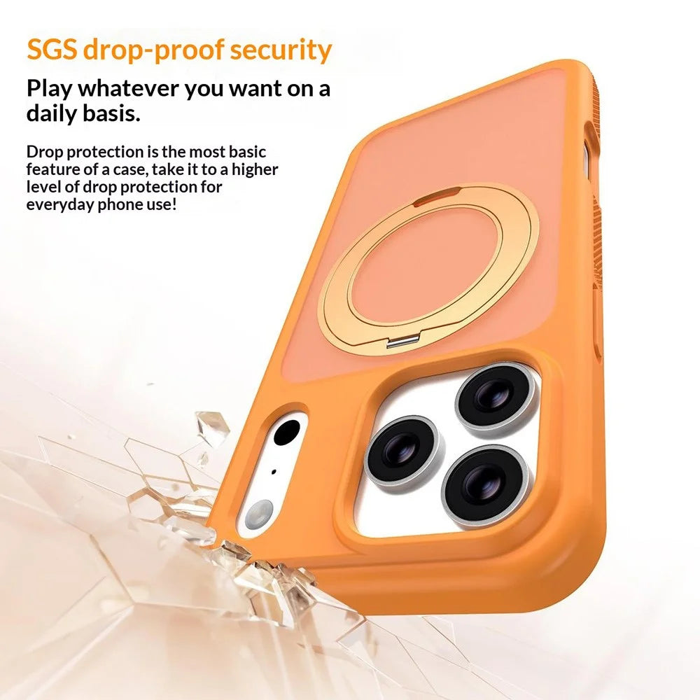 For iPhone 17 Pro Max Case Compatible with MagSafe Rotating Kickstand Skin Touch Anti Stain TPU PC Phone Cover - Orange - 4