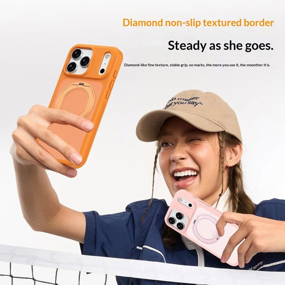 For iPhone 17 Pro Max Case Compatible with MagSafe Rotating Kickstand Skin Touch Anti Stain TPU PC Phone Cover - Orange - 5
