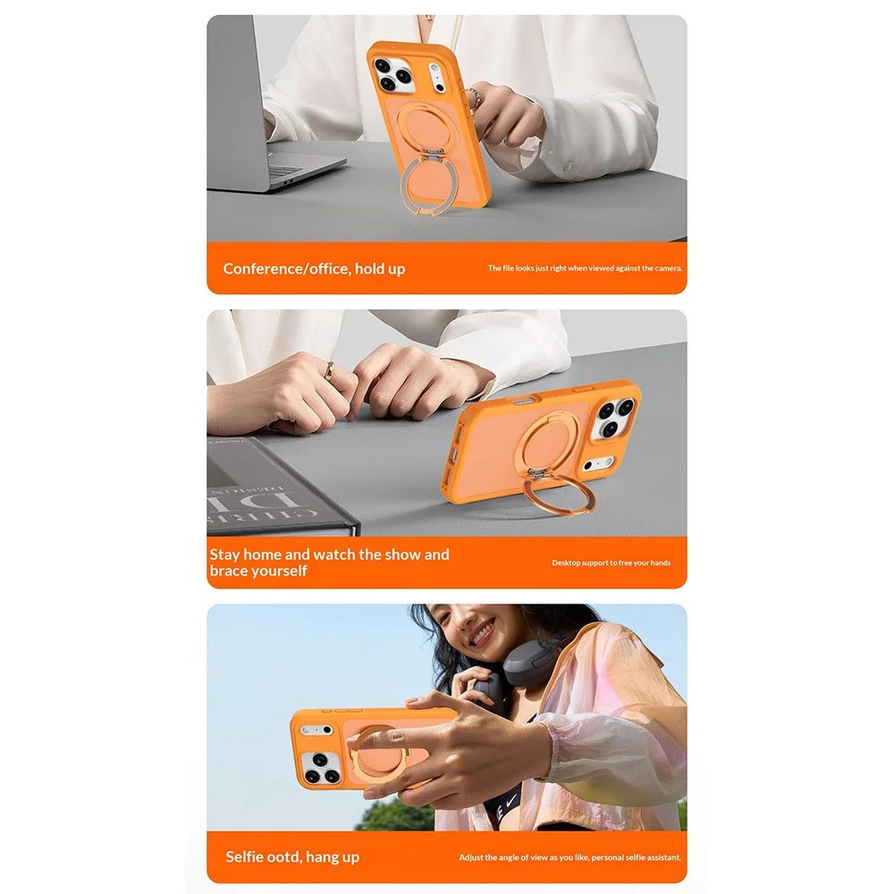 For iPhone 17 Pro Max Case Compatible with MagSafe Rotating Kickstand Skin Touch Anti Stain TPU PC Phone Cover - Orange - 6