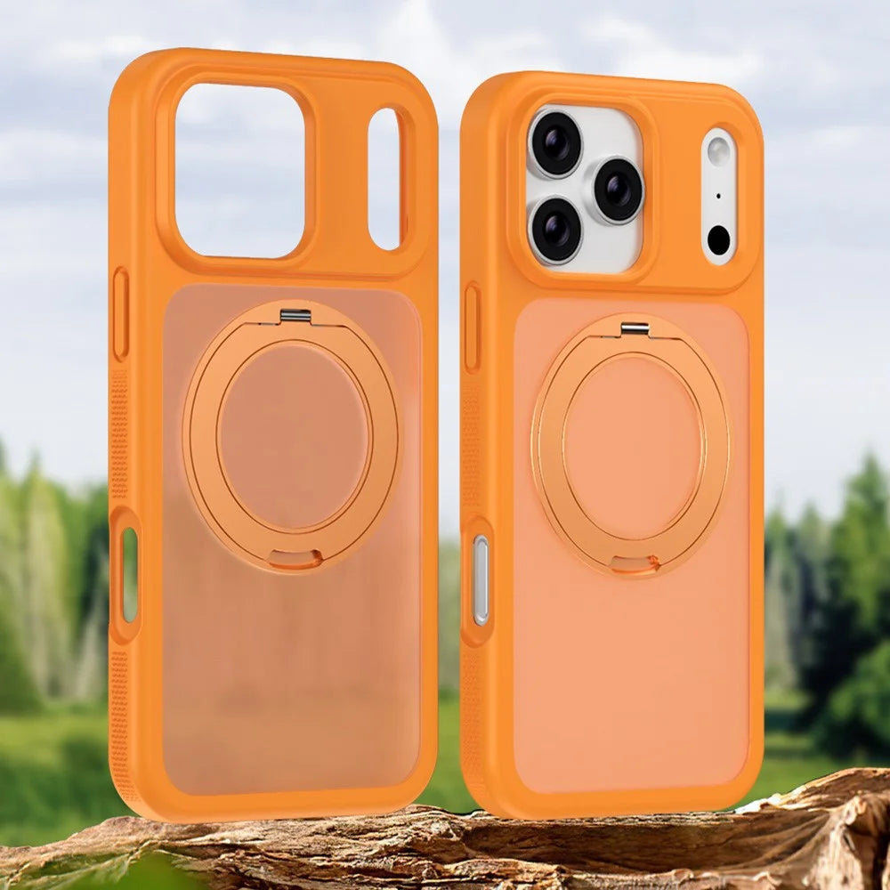 For iPhone 17 Pro Case Compatible with MagSafe Rotating Kickstand Skin Touch Anti Stain TPU PC Phone Cover - Orange - 2
