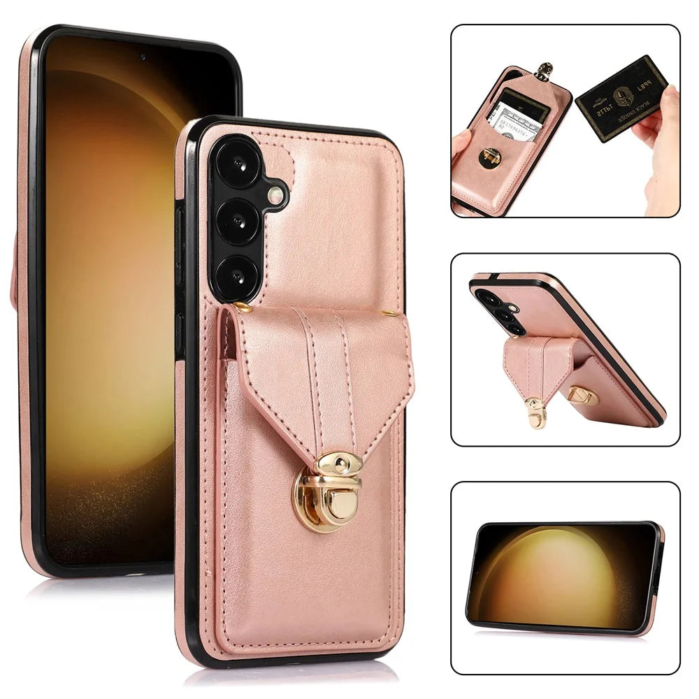 For Samsung Galaxy A57 5G Case Card Holder Kickstand PU Leather + TPU Phone Cover with Shoulder Strap - Rose Gold - 1