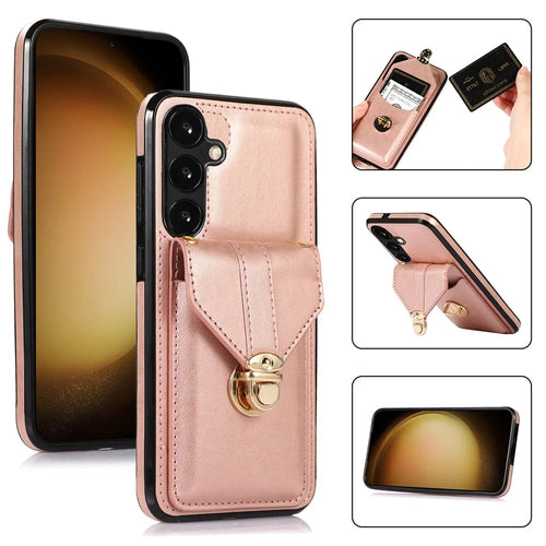 For Samsung Galaxy A57 5G Case Card Holder Kickstand PU Leather + TPU Phone Cover with Shoulder Strap - Rose Gold - 1