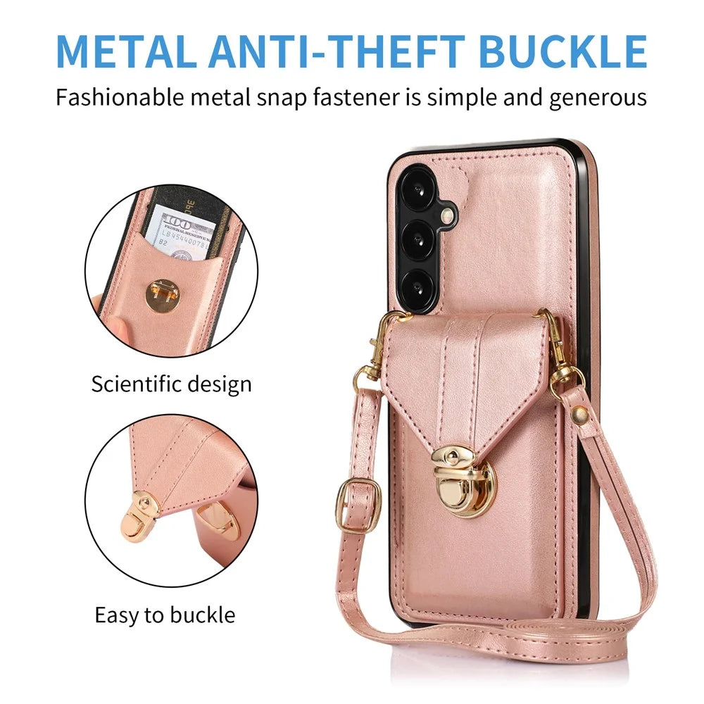 For Samsung Galaxy A57 5G Case Card Holder Kickstand PU Leather + TPU Phone Cover with Shoulder Strap - Rose Gold - 4