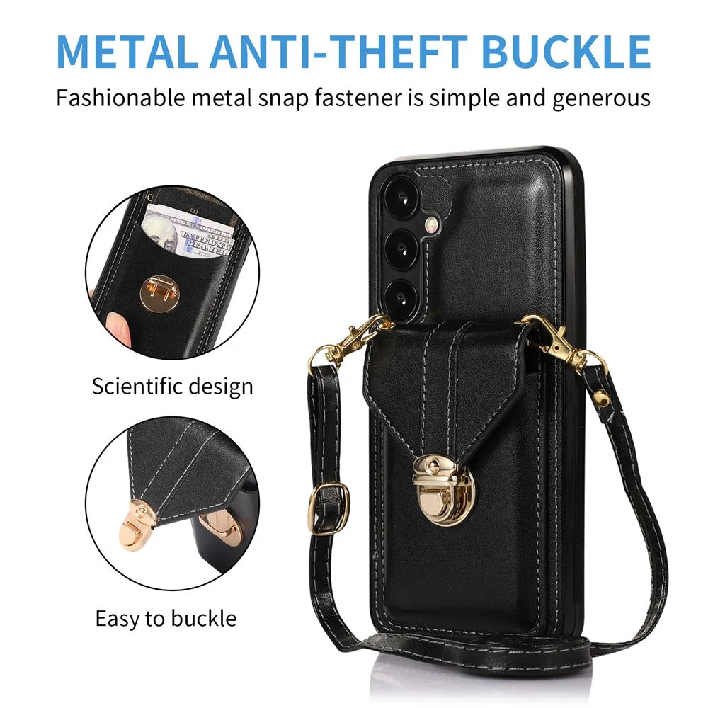 For Samsung Galaxy A37 5G Case Card Holder Kickstand PU Leather + TPU Phone Cover with Shoulder Strap - Black - 4