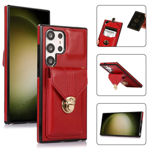 For Samsung Galaxy S26 Ultra Case Card Holder Kickstand PU Leather + TPU Phone Cover with Shoulder Strap - Red - 1
