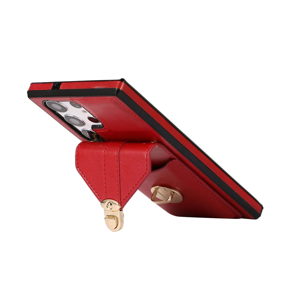 For Samsung Galaxy S26 Ultra Case Card Holder Kickstand PU Leather + TPU Phone Cover with Shoulder Strap - Red - 2