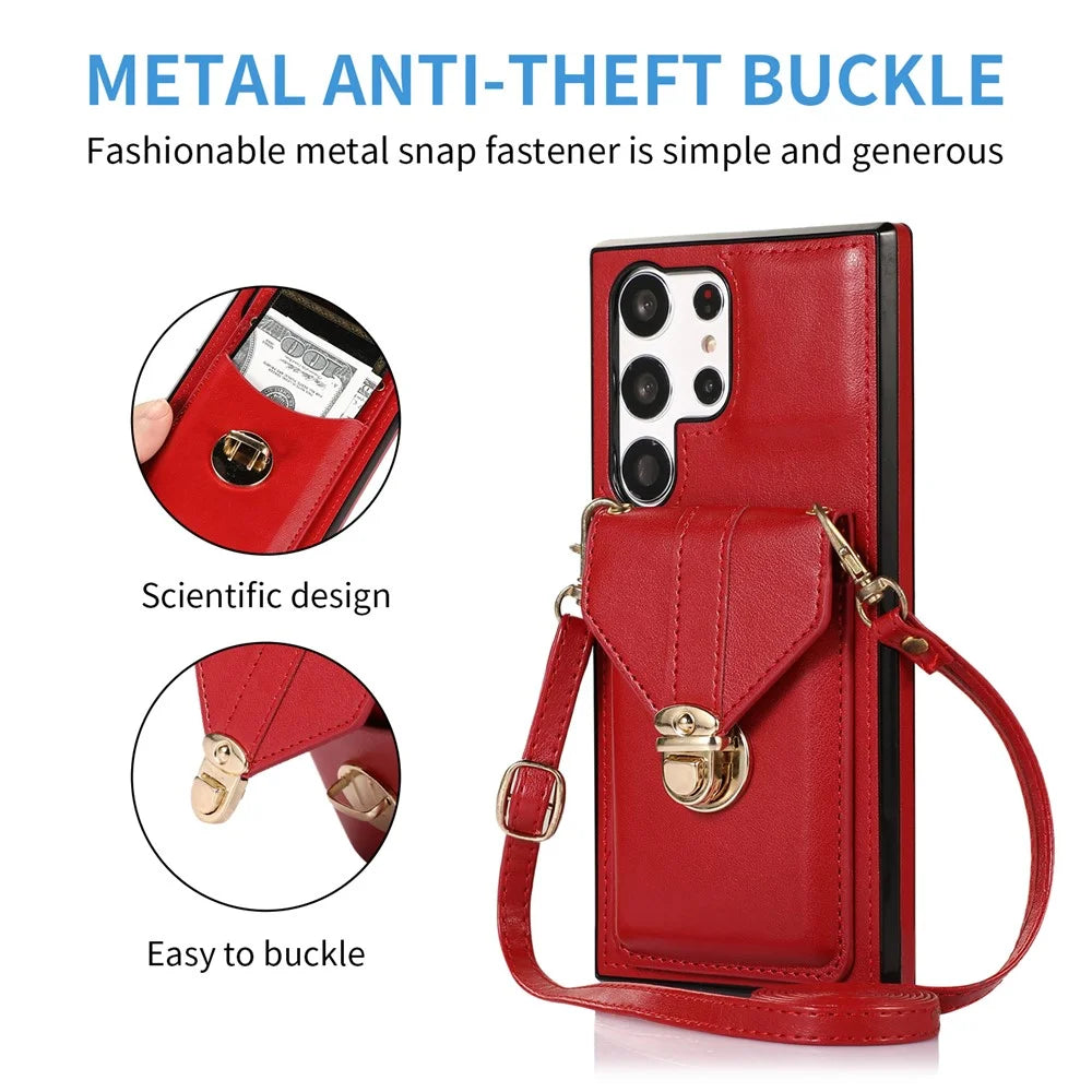 For Samsung Galaxy S26 Ultra Case Card Holder Kickstand PU Leather + TPU Phone Cover with Shoulder Strap - Red - 4