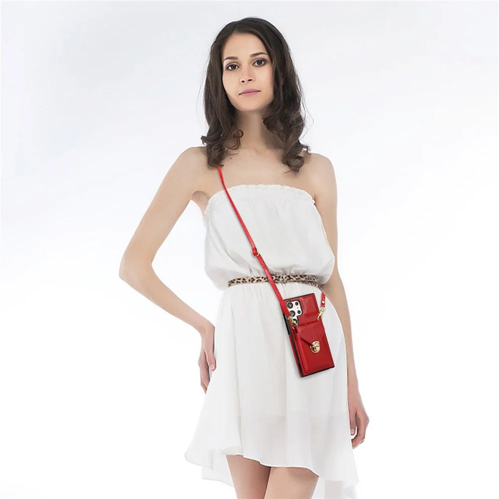 For Samsung Galaxy S26 Ultra Case Card Holder Kickstand PU Leather + TPU Phone Cover with Shoulder Strap - Red - 5