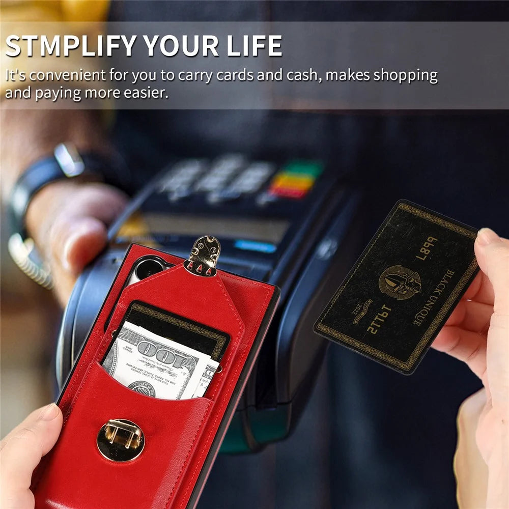 For Samsung Galaxy S26 Ultra Case Card Holder Kickstand PU Leather + TPU Phone Cover with Shoulder Strap - Red - 6