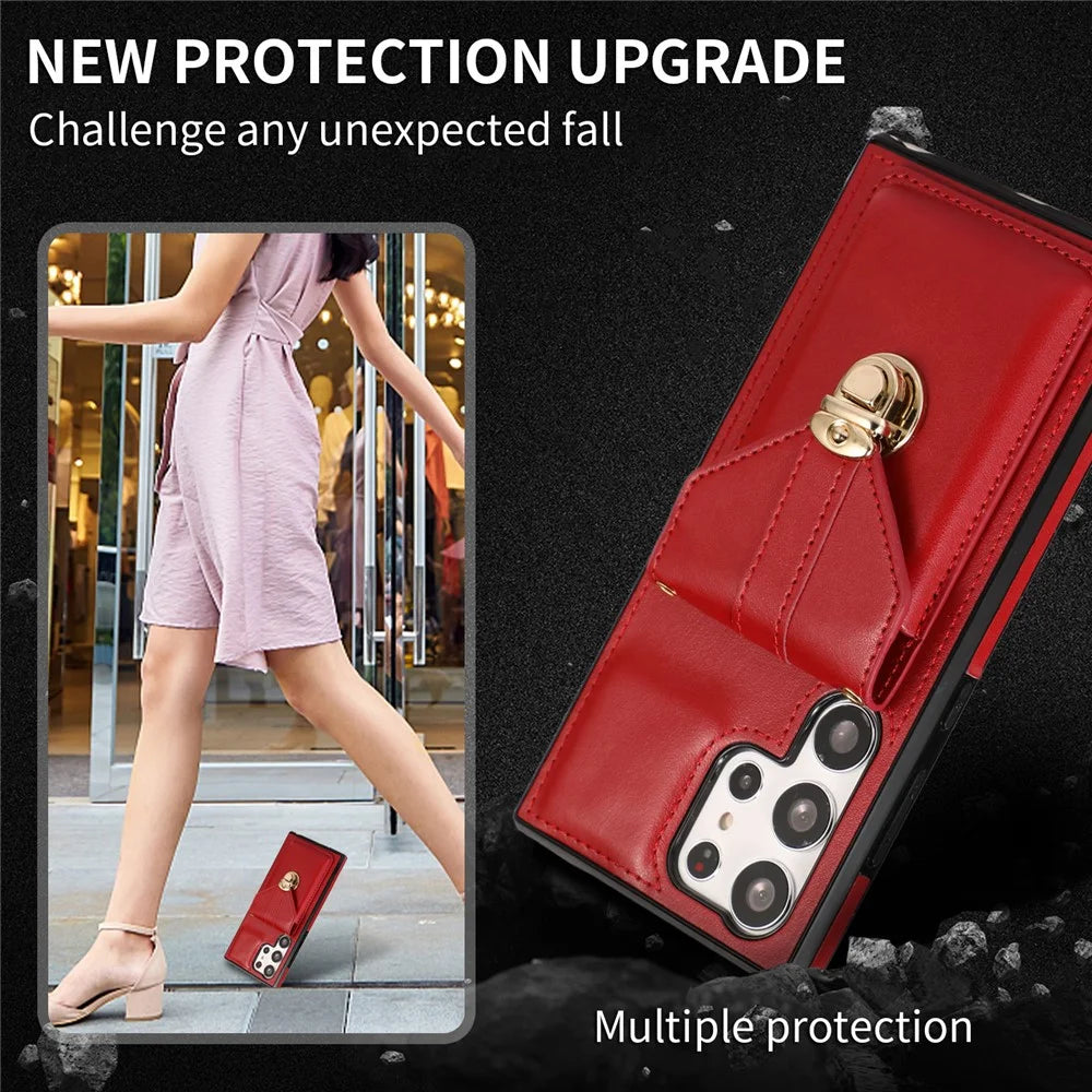 For Samsung Galaxy S26 Ultra Case Card Holder Kickstand PU Leather + TPU Phone Cover with Shoulder Strap - Red - 7