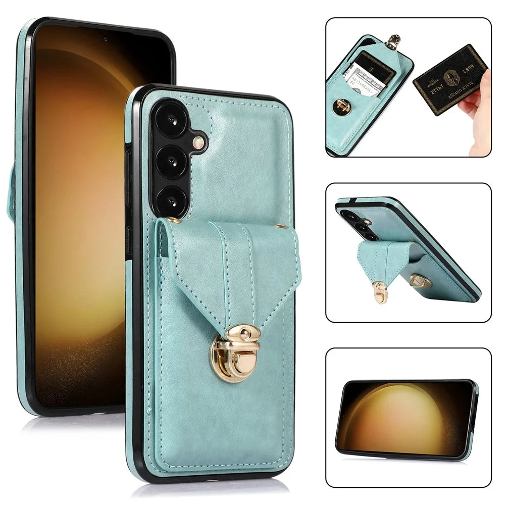 For Samsung Galaxy S26 Case Card Holder Kickstand PU Leather + TPU Phone Cover with Shoulder Strap - Green - 1