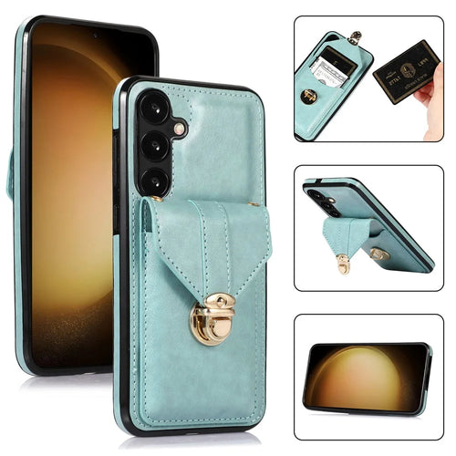 For Samsung Galaxy S26 Case Card Holder Kickstand PU Leather + TPU Phone Cover with Shoulder Strap - Green - 1