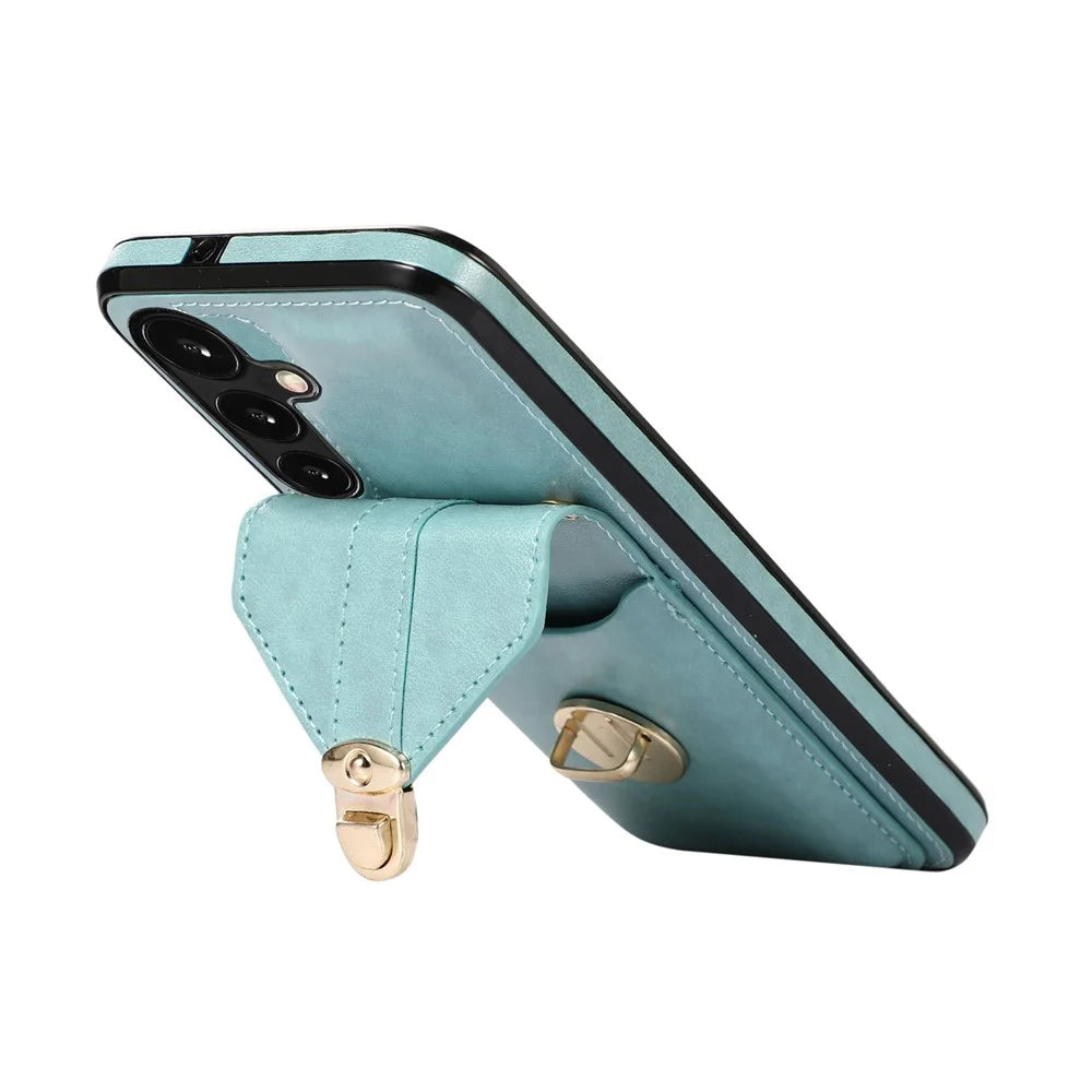 For Samsung Galaxy S26 Case Card Holder Kickstand PU Leather + TPU Phone Cover with Shoulder Strap - Green - 2