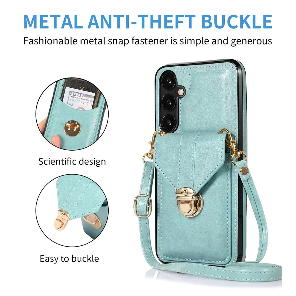 For Samsung Galaxy S26 Case Card Holder Kickstand PU Leather + TPU Phone Cover with Shoulder Strap - Green - 4