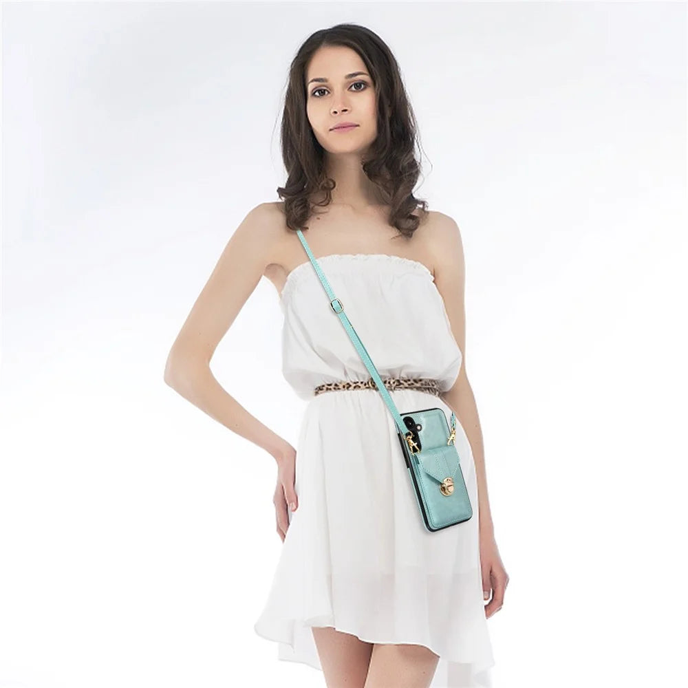 For Samsung Galaxy S26 Case Card Holder Kickstand PU Leather + TPU Phone Cover with Shoulder Strap - Green - 5