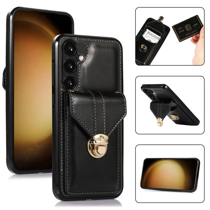 For Samsung Galaxy S26+ Case Card Holder Kickstand PU Leather + TPU Phone Cover with Shoulder Strap - Black - 1