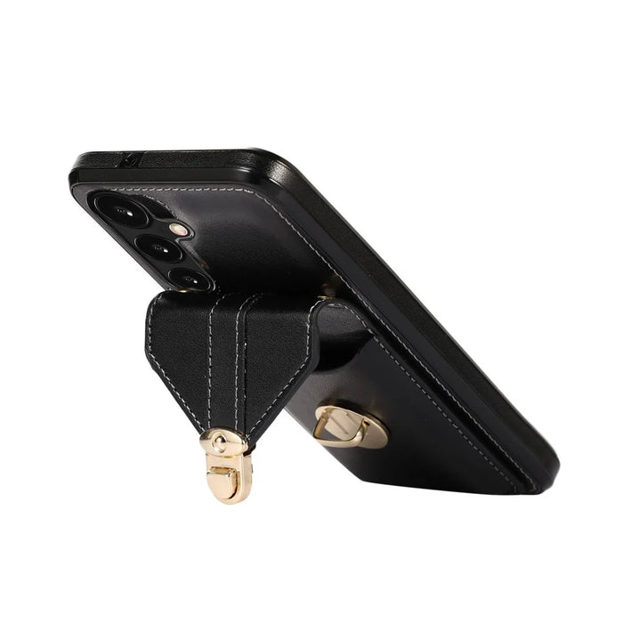 For Samsung Galaxy S26+ Case Card Holder Kickstand PU Leather + TPU Phone Cover with Shoulder Strap - Black - 2