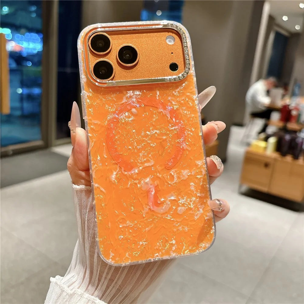 For iPhone  18 Pro / 17  Pro Case Compatible with MagSafe Rhinestone Lens Frame Shell Texture TPU + PC Phone Cover - Orange - 2