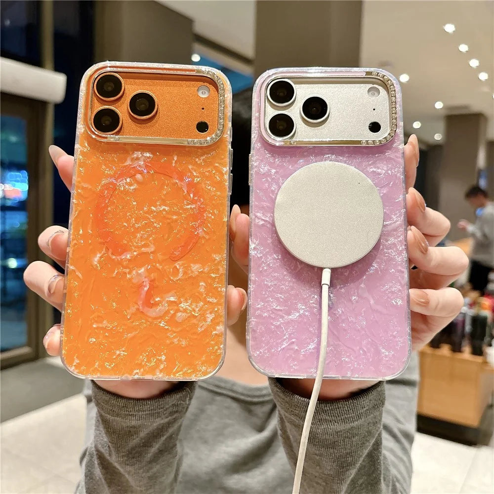 For iPhone  18 Pro / 17  Pro Case Compatible with MagSafe Rhinestone Lens Frame Shell Texture TPU + PC Phone Cover - Orange - 3
