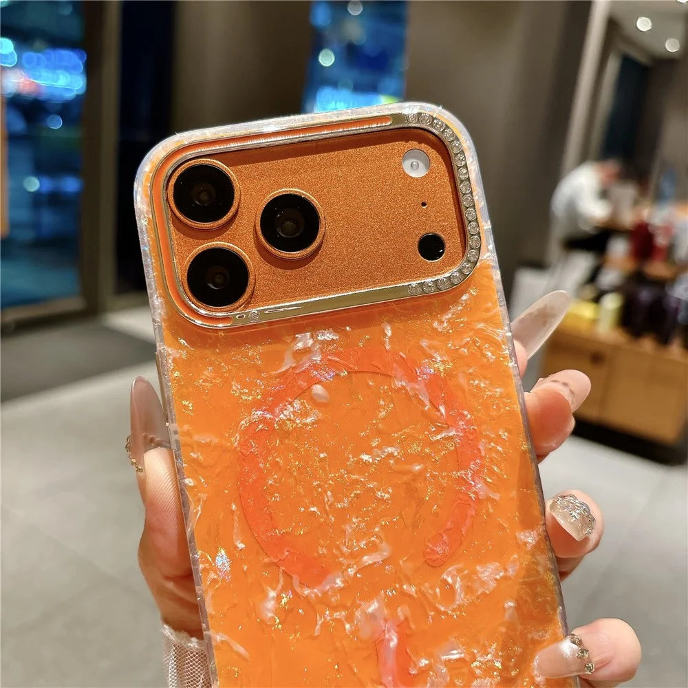 For iPhone  18 Pro / 17  Pro Case Compatible with MagSafe Rhinestone Lens Frame Shell Texture TPU + PC Phone Cover - Orange - 4