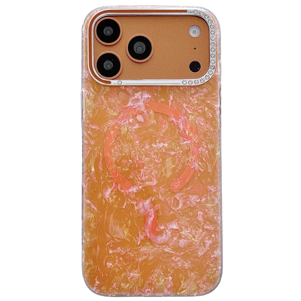 For iPhone 17 Pro Max Case Compatible with MagSafe Rhinestone Lens Frame Shell Texture TPU + PC Phone Cover - Orange - 1
