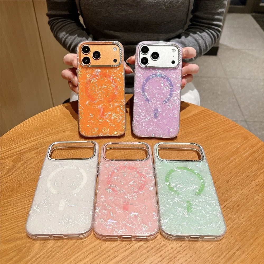 For iPhone 17 Pro Max Case Compatible with MagSafe Rhinestone Lens Frame Shell Texture TPU + PC Phone Cover - Orange - 7