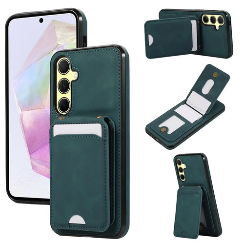 For Samsung Galaxy A37 5G Case Card Holder Kickstand Leather + TPU Phone Cover with Shoulder Strap - Green - 1