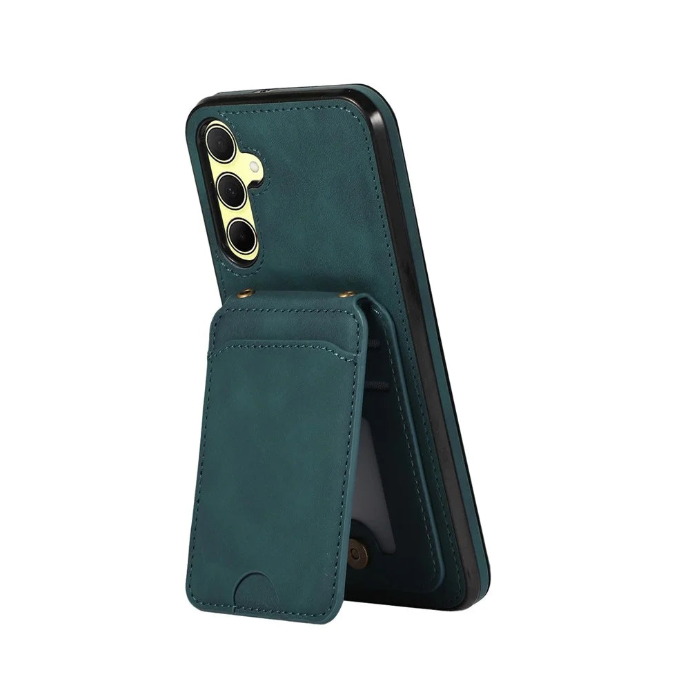 For Samsung Galaxy A37 5G Case Card Holder Kickstand Leather + TPU Phone Cover with Shoulder Strap - Green - 2