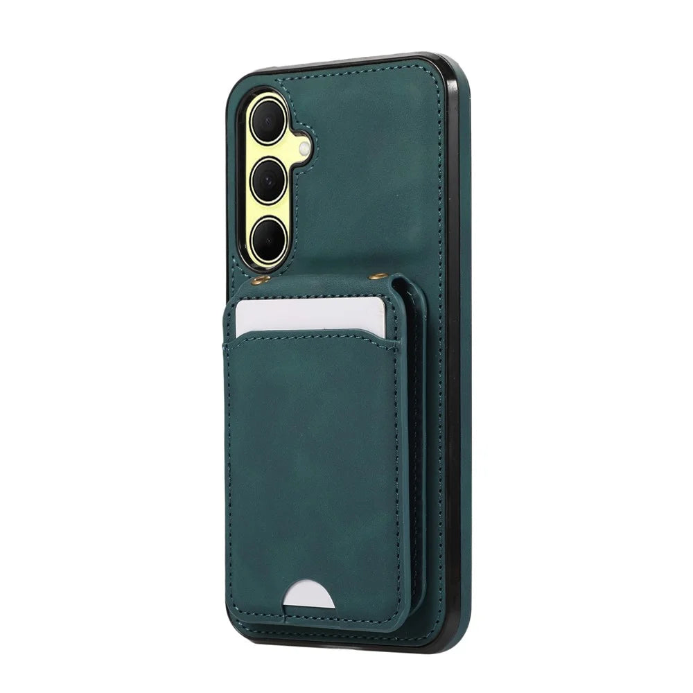 For Samsung Galaxy A37 5G Case Card Holder Kickstand Leather + TPU Phone Cover with Shoulder Strap - Green - 6