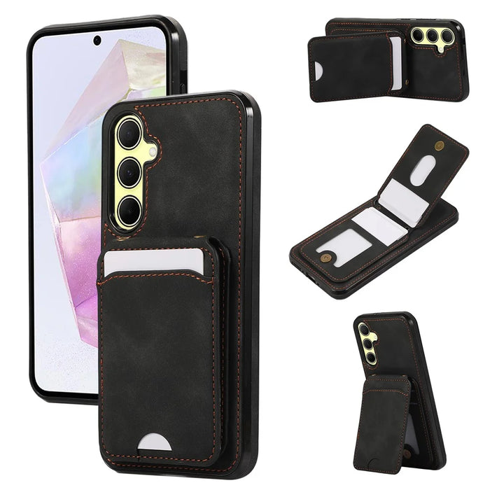 For Samsung Galaxy A57 5G Case Card Holder Kickstand Leather + TPU Phone Cover with Shoulder Strap - Black - 1