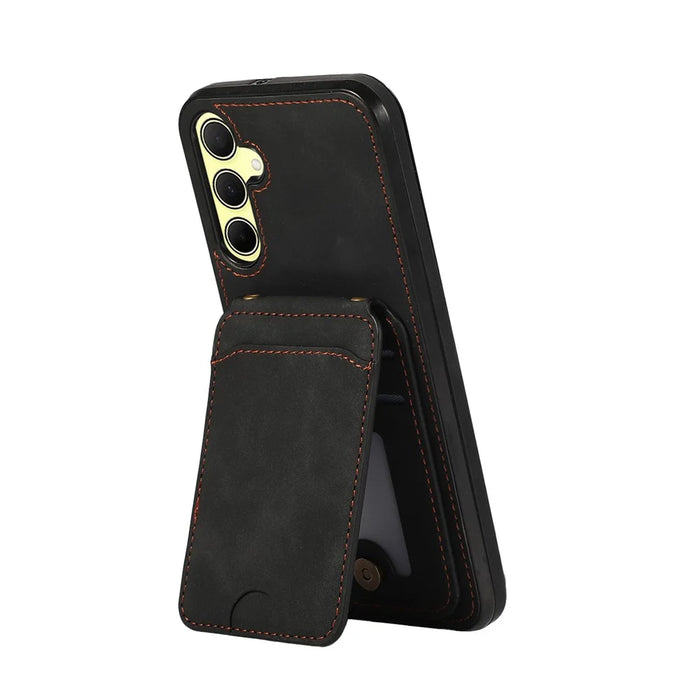 For Samsung Galaxy A57 5G Case Card Holder Kickstand Leather + TPU Phone Cover with Shoulder Strap - Black - 2