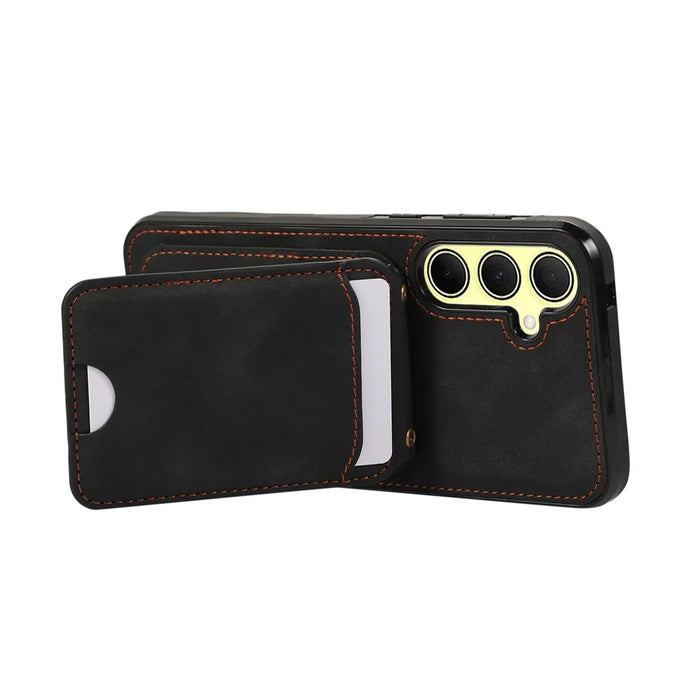 For Samsung Galaxy A57 5G Case Card Holder Kickstand Leather + TPU Phone Cover with Shoulder Strap - Black - 5