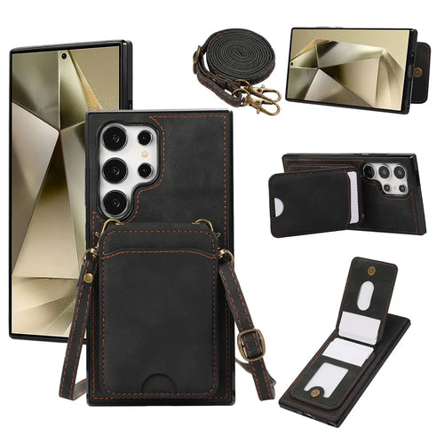 For Samsung Galaxy S26 Ultra Case Card Holder Kickstand Leather + TPU Phone Cover with Shoulder Strap - Black - 1