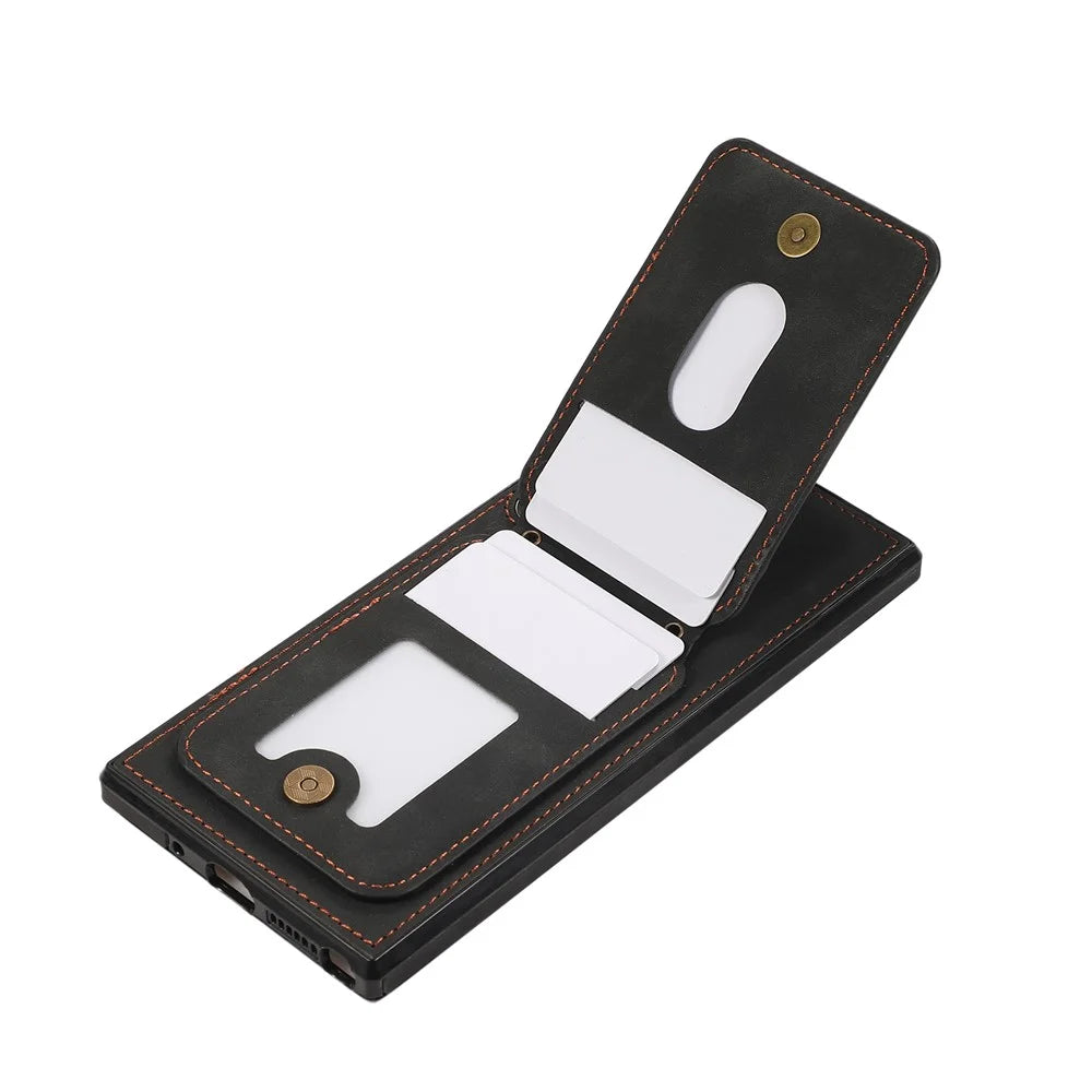 For Samsung Galaxy S26 Ultra Case Card Holder Kickstand Leather + TPU Phone Cover with Shoulder Strap - Black - 3
