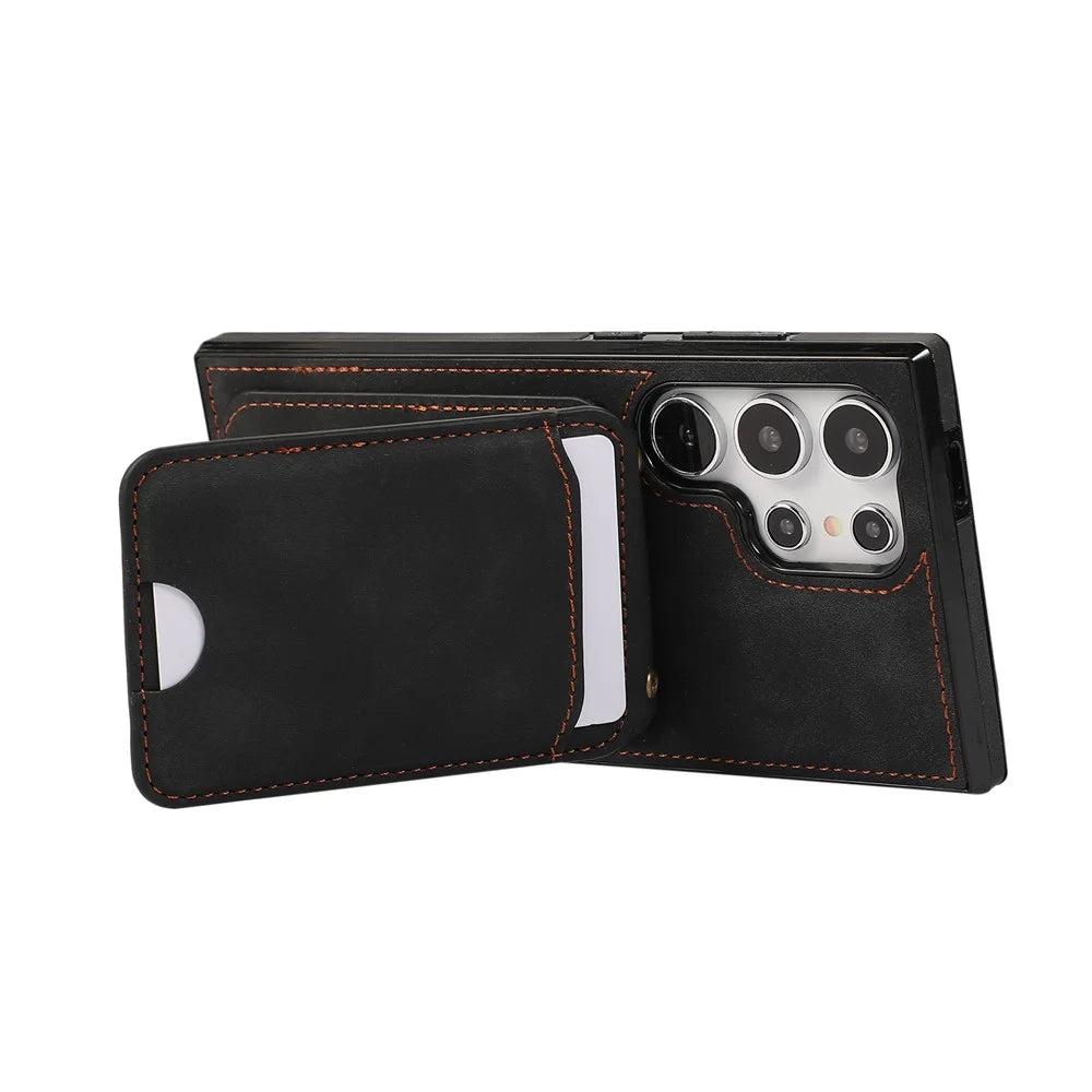For Samsung Galaxy S26 Ultra Case Card Holder Kickstand Leather + TPU Phone Cover with Shoulder Strap - Black - 5