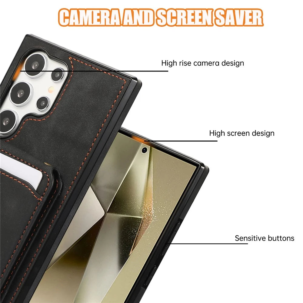For Samsung Galaxy S26 Ultra Case Card Holder Kickstand Leather + TPU Phone Cover with Shoulder Strap - Black - 7