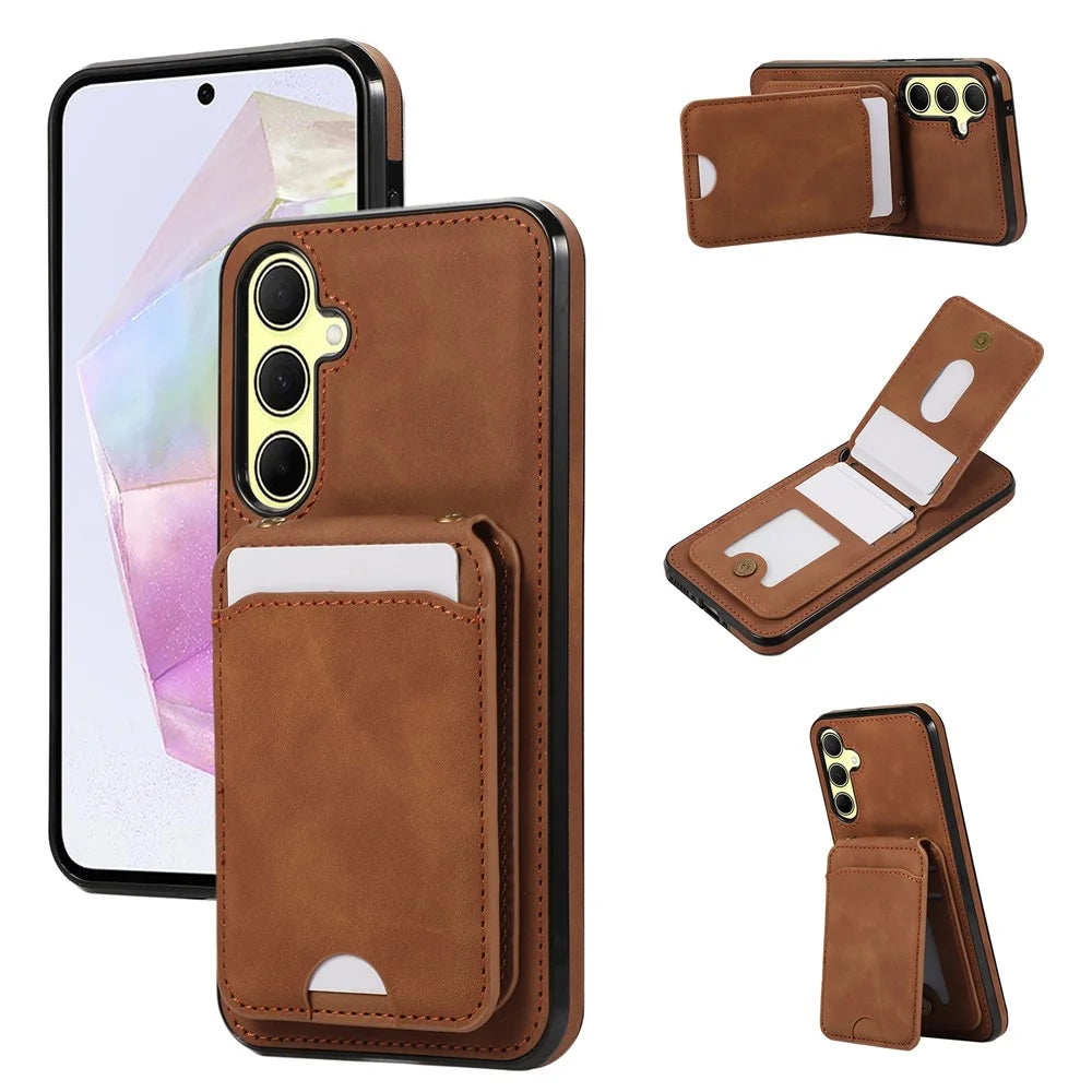 For Samsung Galaxy S26+ Case Card Holder Kickstand Leather + TPU Phone Cover with Shoulder Strap - Brown - 1