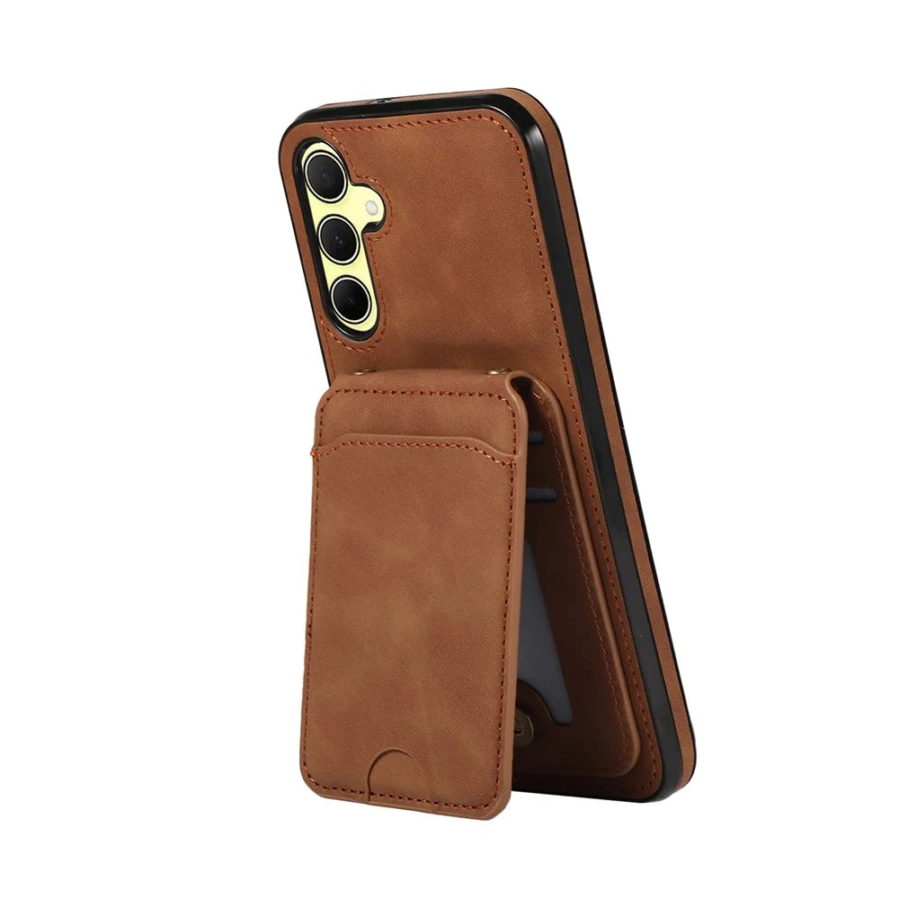 For Samsung Galaxy S26+ Case Card Holder Kickstand Leather + TPU Phone Cover with Shoulder Strap - Brown - 2
