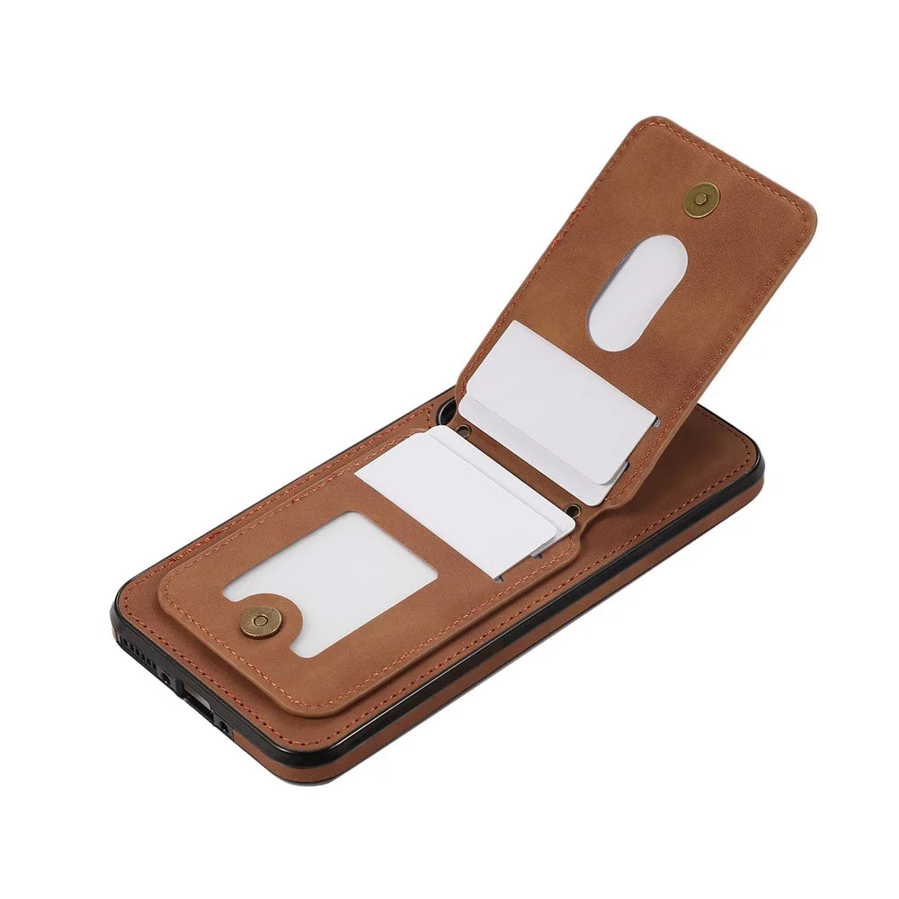 For Samsung Galaxy S26+ Case Card Holder Kickstand Leather + TPU Phone Cover with Shoulder Strap - Brown - 3