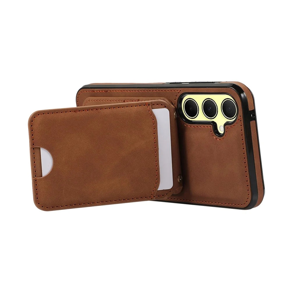 For Samsung Galaxy S26+ Case Card Holder Kickstand Leather + TPU Phone Cover with Shoulder Strap - Brown - 5