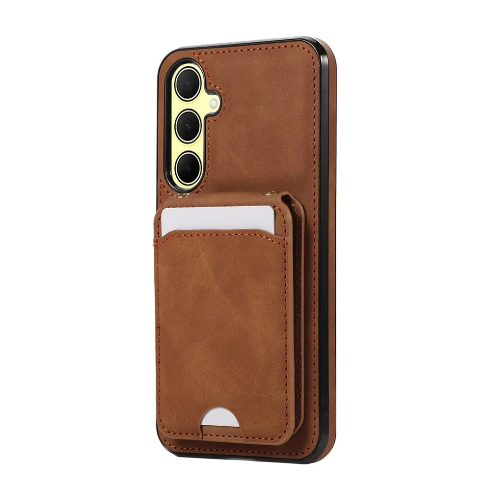 For Samsung Galaxy S26+ Case Card Holder Kickstand Leather + TPU Phone Cover with Shoulder Strap - Brown - 7