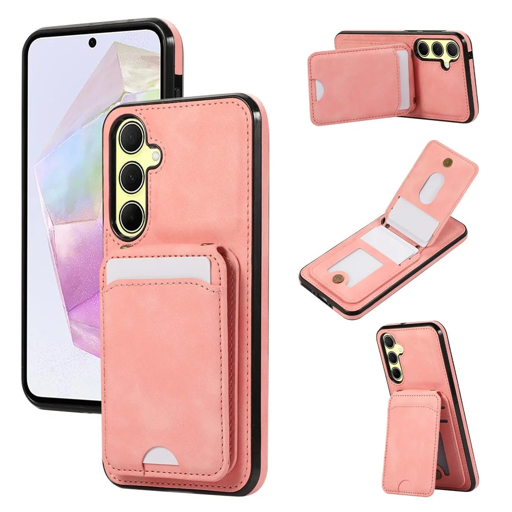 For Samsung Galaxy S26 Case Card Holder Kickstand Leather + TPU Phone Cover with Shoulder Strap - Pink - 1