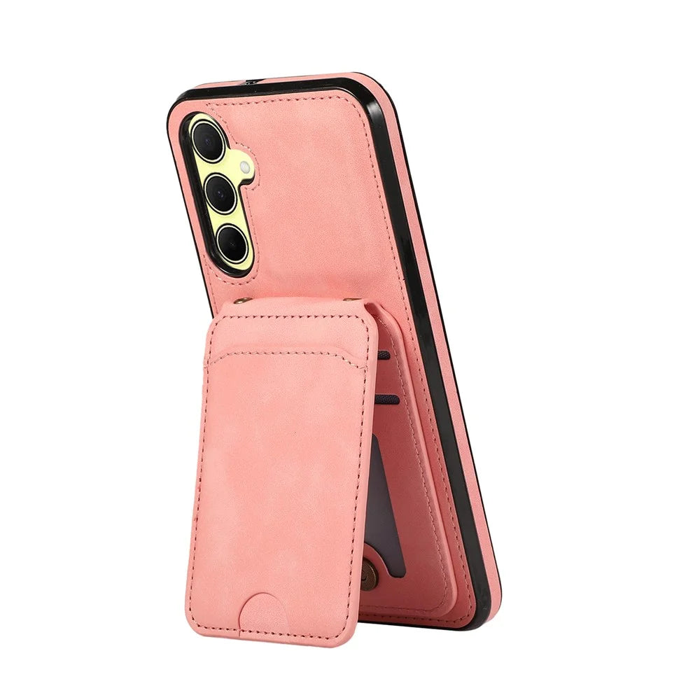 For Samsung Galaxy S26 Case Card Holder Kickstand Leather + TPU Phone Cover with Shoulder Strap - Pink - 2