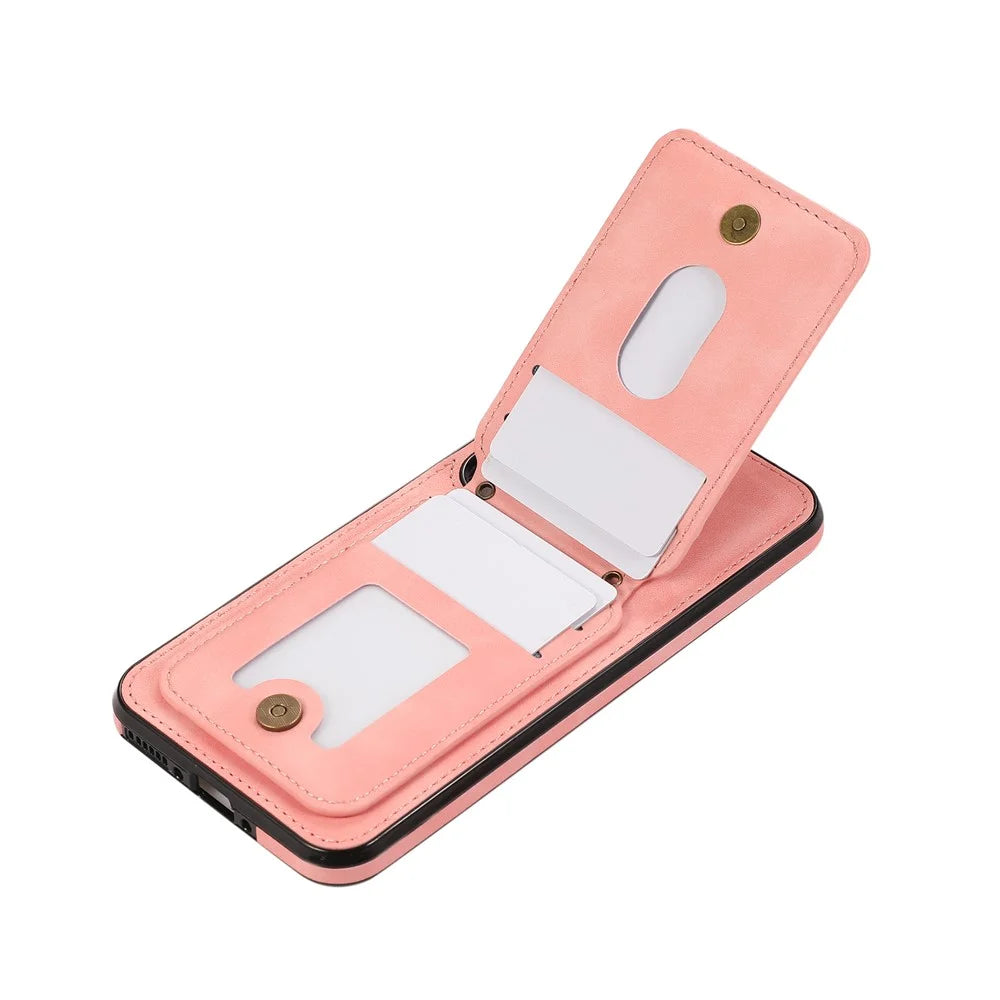 For Samsung Galaxy S26 Case Card Holder Kickstand Leather + TPU Phone Cover with Shoulder Strap - Pink - 3